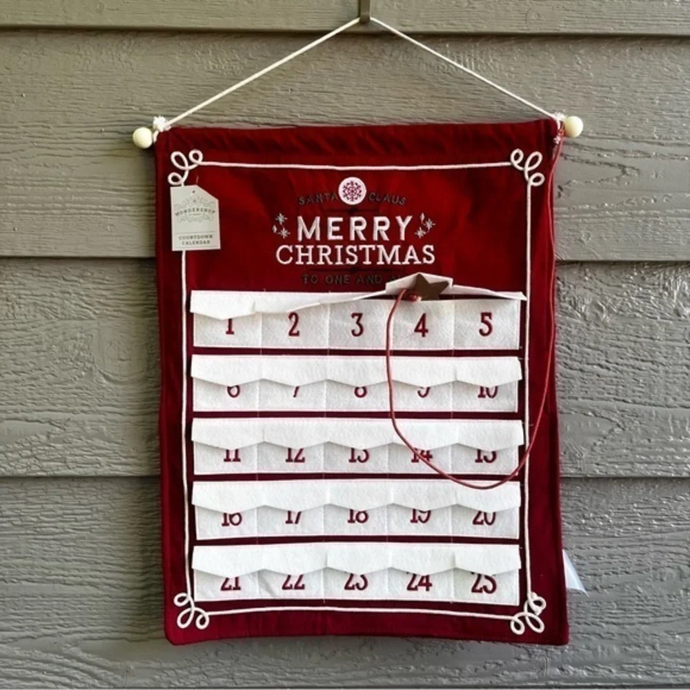 2‎ Felt Christmas Countdown Calendars Santa Claus Merry Xmas Pockets Wood NWT